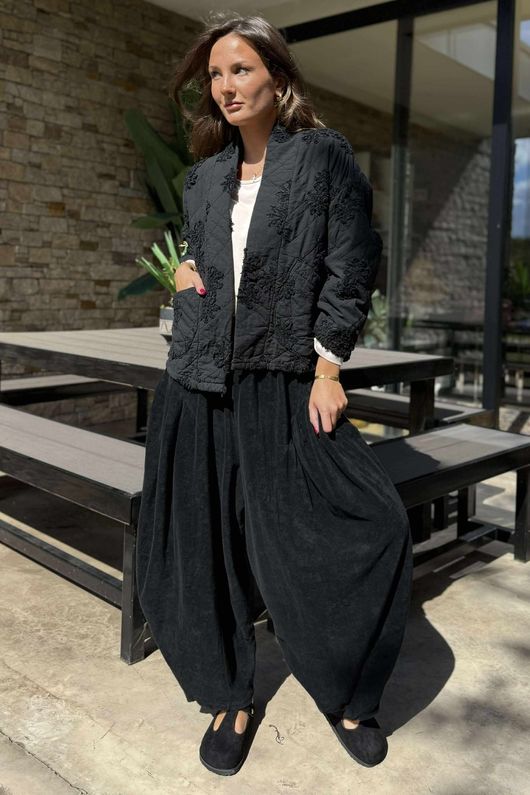 Cabbage Rose Cotton Quilted Jacket Black